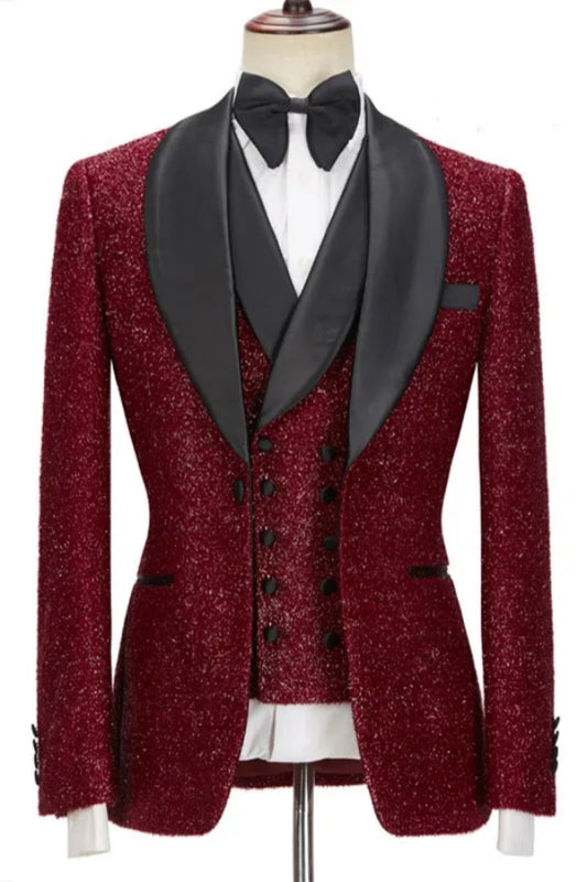 Sparkle Burgundy 3 Pieces Shawl Lapel Wedding Suits