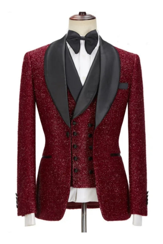 Sparkle Burgundy 3 Pieces Shawl Lapel Wedding Suits