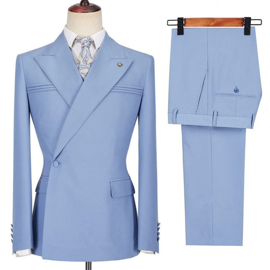 Haze Blue Peaked Lapel One Button Wool Prom Suits