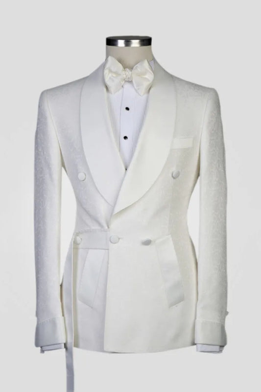 Classical White Jacquard Double Breasted Shawl Lapel Wedding Suits