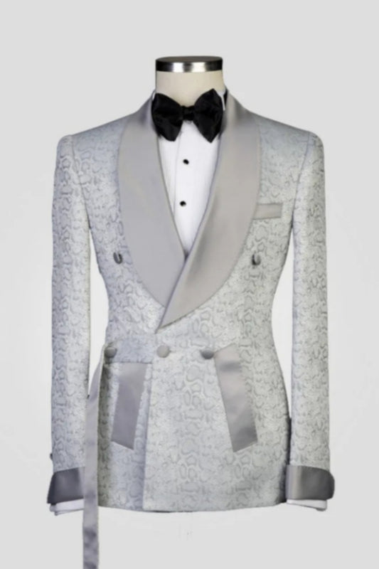 Fancy Silver Gray Jacquard Double Breasted Shawl Lapel Wedding Suits