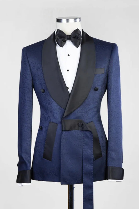 Fashion Dark Blue Jacquard Double Breasted Shawl Lapel Wedding Suits
