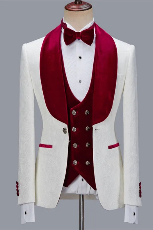 White Jacquard 3 Pieces Burgundy Velvet Shawl Lapel Wedding Suits