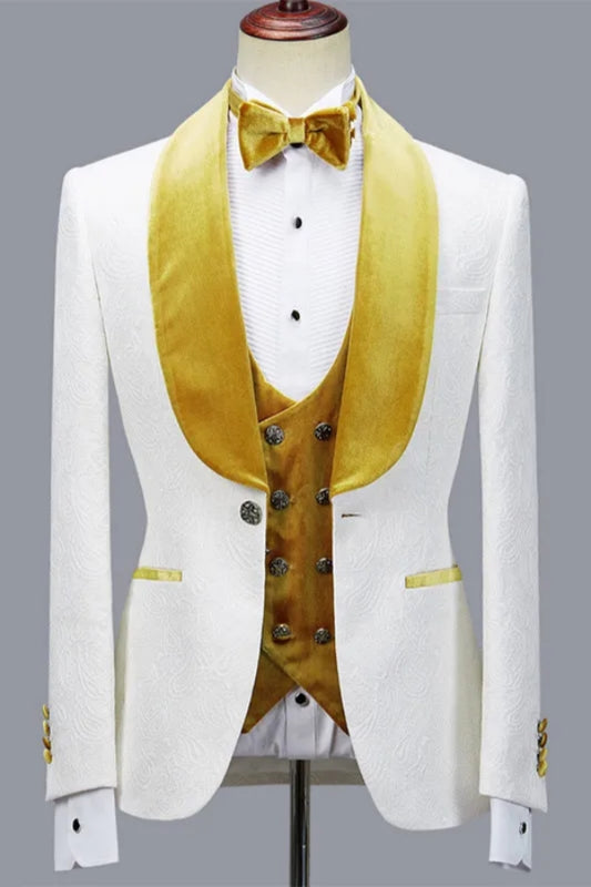 Trendy White Jacquard 3 Pieces Yellow Velvet Shawl Lapel Wedding Suits