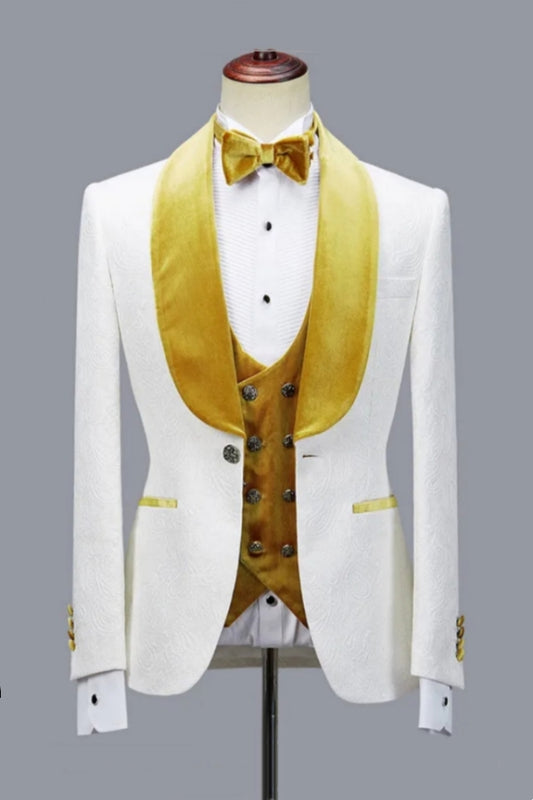 Trendy White Jacquard 3 Pieces Yellow Velvet Shawl Lapel Wedding Suits