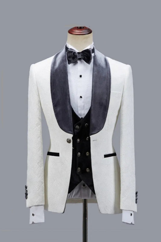 Modern White Jacquard Gray Velvet Shawl Lapel Best Fitted Wedding Suits