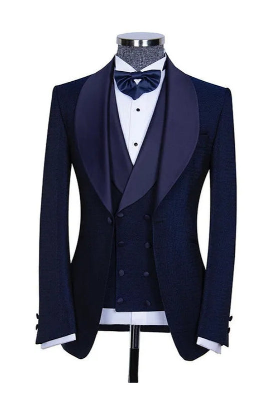 Modern Dark Navy Shawl Lapel Wool Wedding Suits With Waistcoat