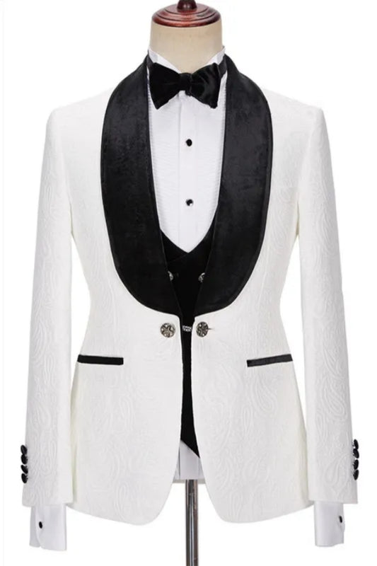 Bespoke White Jacquard 3 Pieces Velvet Shawl Lapel Wedding Suits