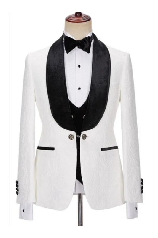 Bespoke White Jacquard 3 Pieces Velvet Shawl Lapel Wedding Suits