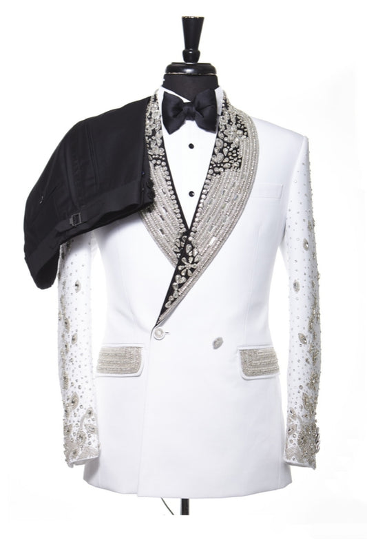 Popular White Beadings Shawl Lapel Double Breasted Wedding Suits