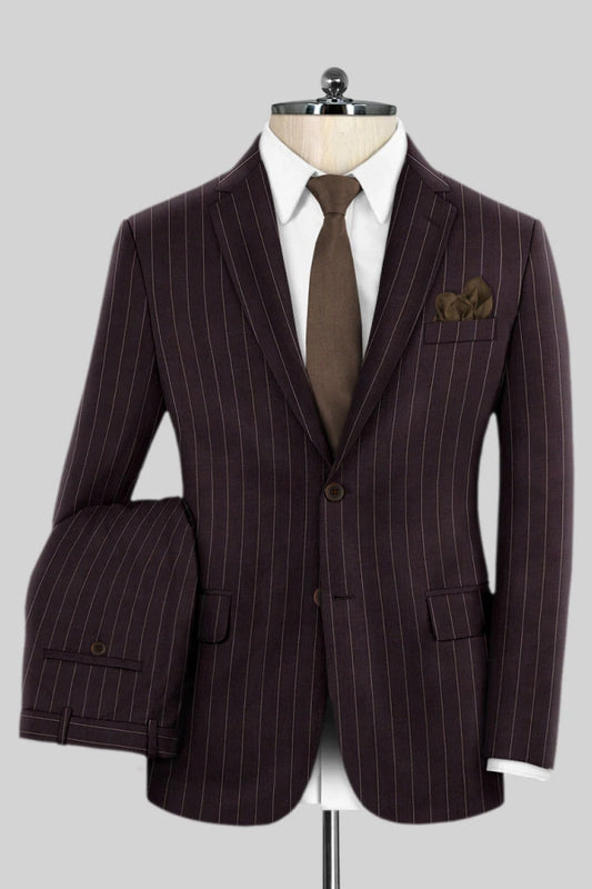 Gentle Burgundy Striped Notched Lapel Wool Business Suits