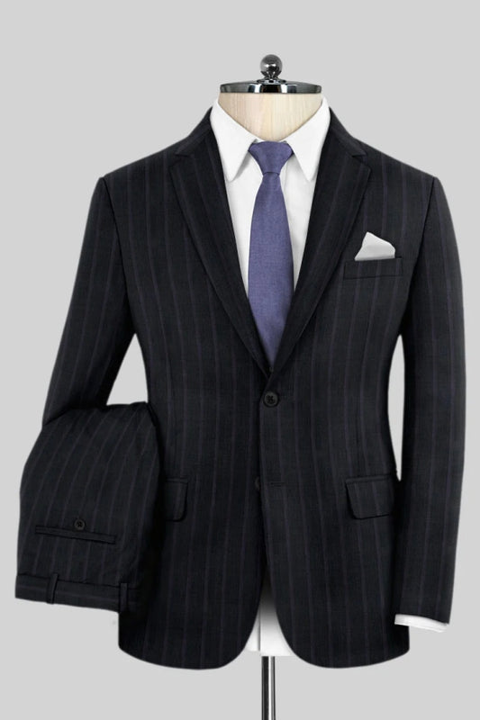 Bespoke Dark Blue Striped Notched Lapel Wool Business Suits