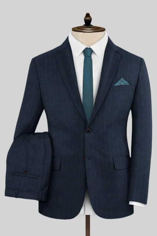 New Arrival Blue Striped Notched Lapel Wool Business Suits