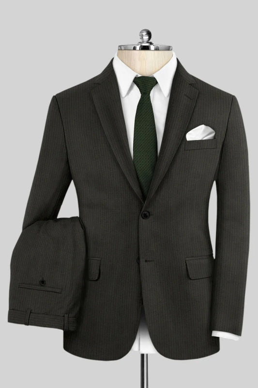 Trendy Dark Green Striped Notched Lapel Wool Business Men Suits