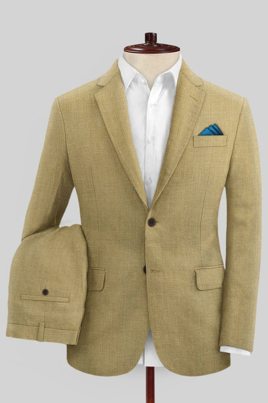 Modern Khaki Notched Lapel Linen Business Men Suits