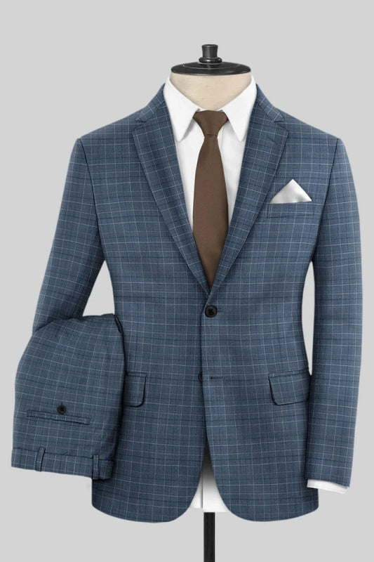Classical Blue Plaid Notched Lapel Wool Business Men Suits