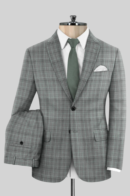 Fashion Gray Plaid Notched Lapel Wool Business Men Suits