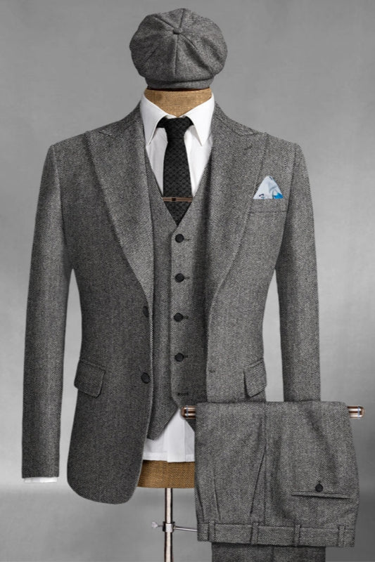 Modern Gray 3 Pieces Peaked Lapel Wool Business Men Suits