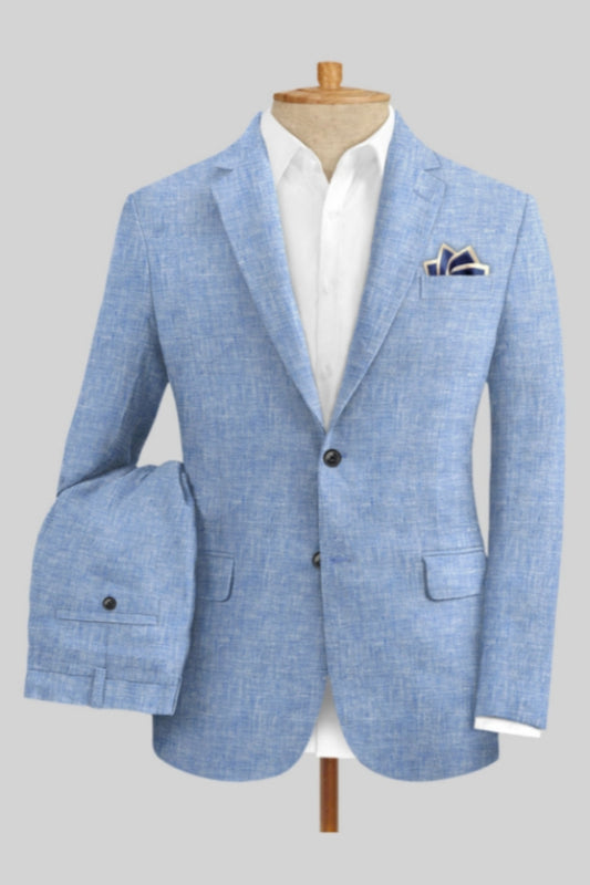 Fashion Blue Notched Lapel Linen Business Men Suits