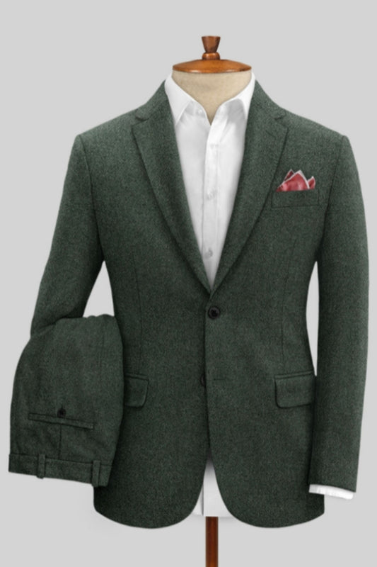 Close Fitting Green Notched Lapel Wool Business Men Suits