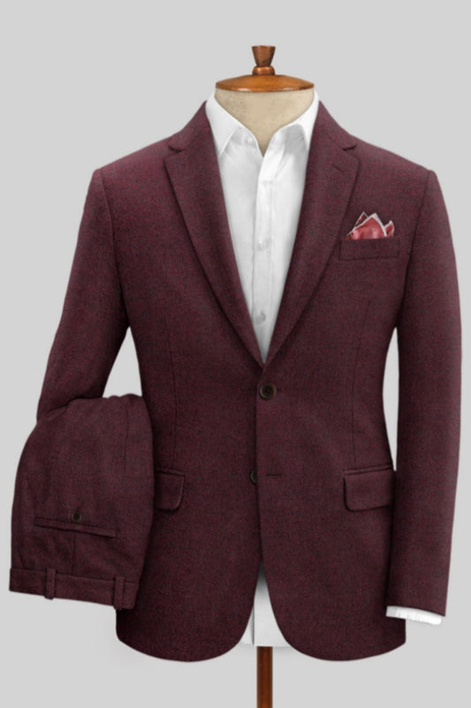 Trendy Burgundy Herringbone Notched Lapel Wool Business Suits