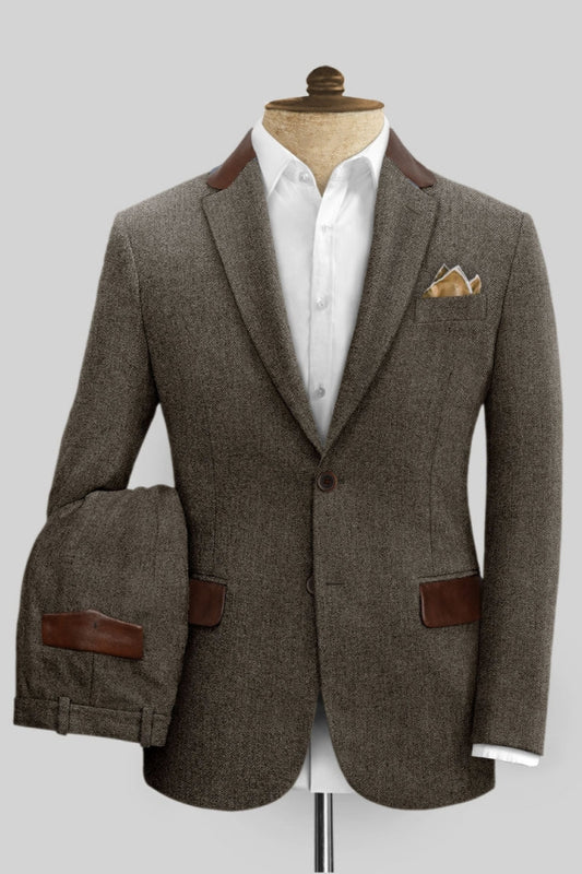 Fancy Brown Herringbone Notched Lapel Wool Prom Men Suits