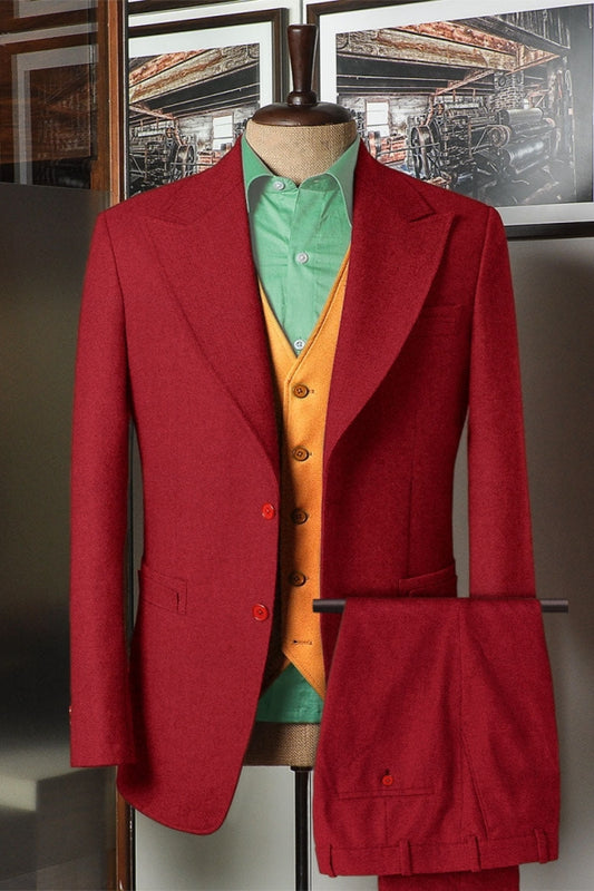 Popular Red Peaked Lapel Wool Prom Men Suits With Orange Waistcoat