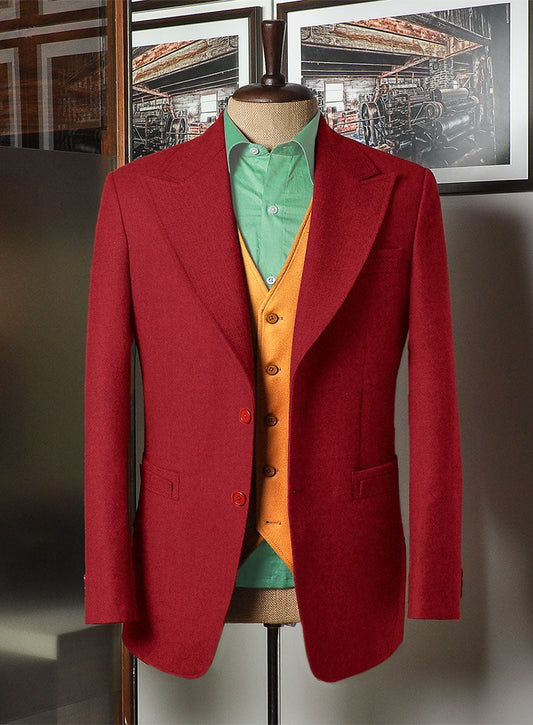 Popular Red Peaked Lapel Wool Prom Men Suits With Orange Waistcoat