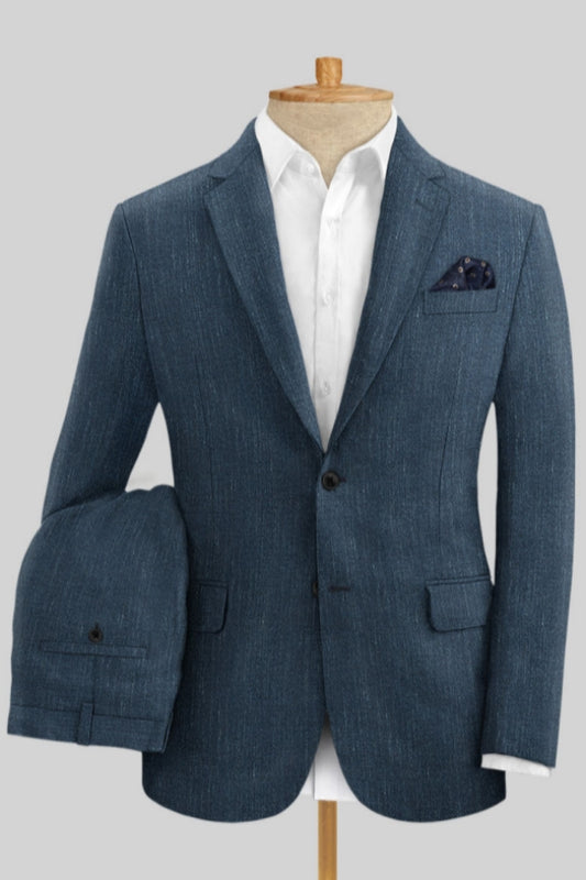 Slim Fit Dark Blue Notched Lapel Wool Business Men Suits