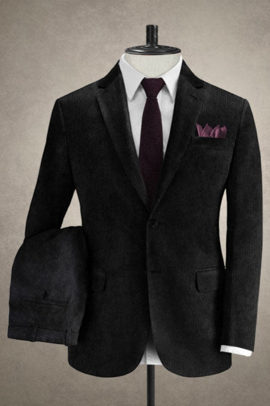 Modern Black Corduroy Notched Lapel Business Men Suits