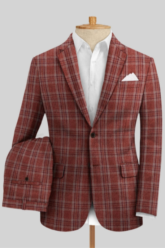 New Arrival Red Plaid Notched Lapel Linen Prom Men Suits