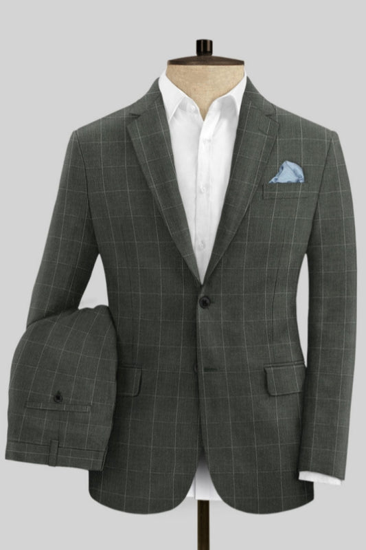 Fashion Dark Gray Notched Lapel Plaid Business Men Suits