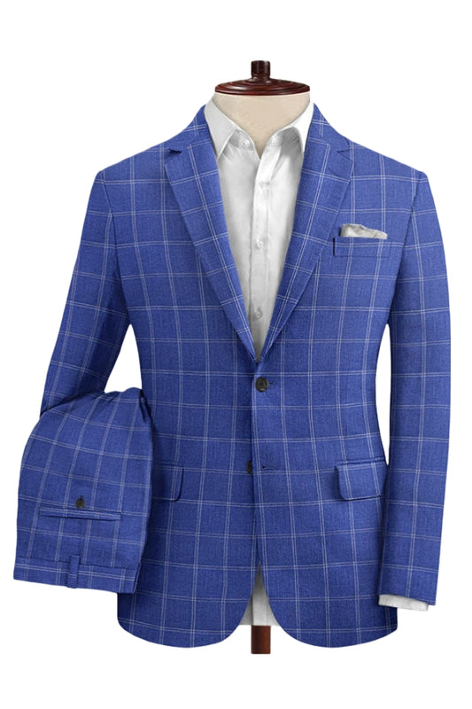 Trendy Blue Plaid Notched Lapel Business Men Suits
