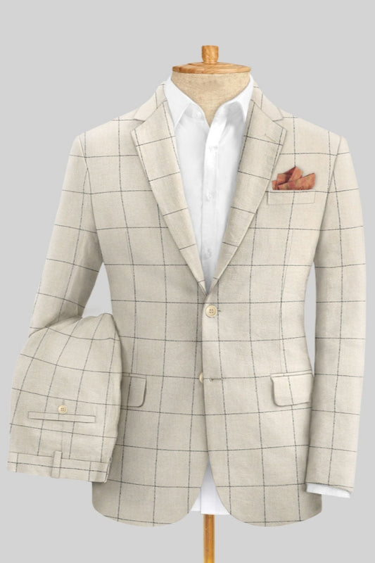 Popular Beige Plaid Notched Lapel Linen Business Men Suits