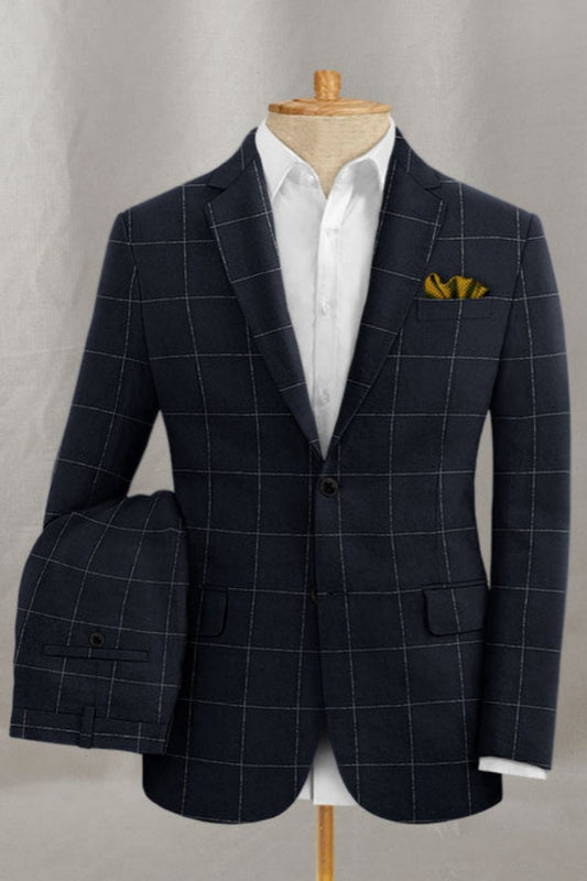 Chic Dark Blue Plaid Notched Lapel Business Men Suits