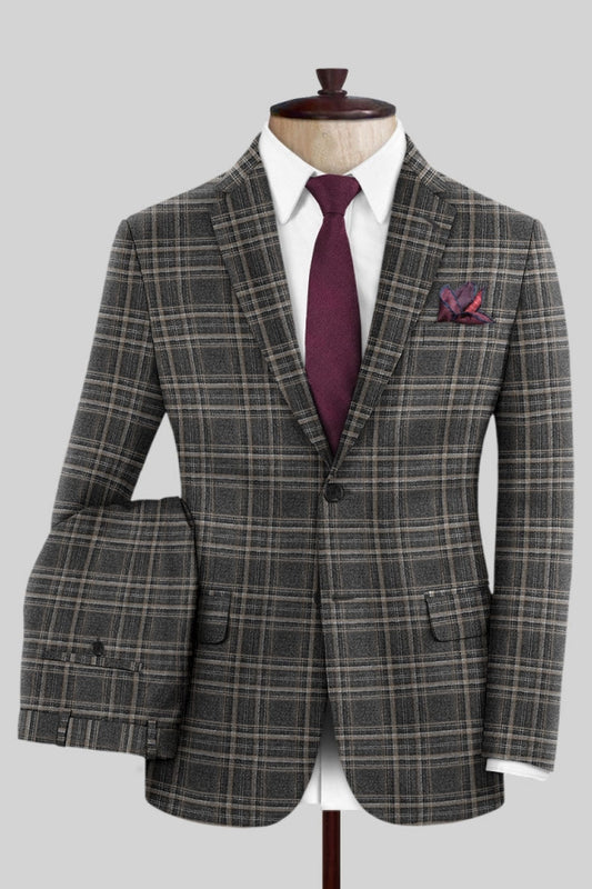Chic Newest Gray Plaid Notched Lapel Business Suits