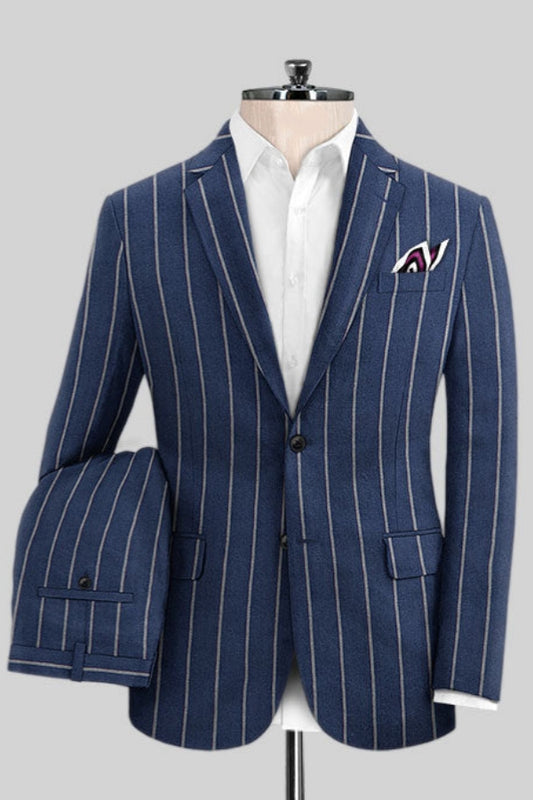 Popular Blue Striped Notched Lapel Business Suits