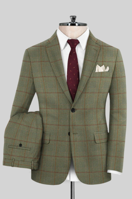Stylish Green Plaid Notched Lapel Business Suits