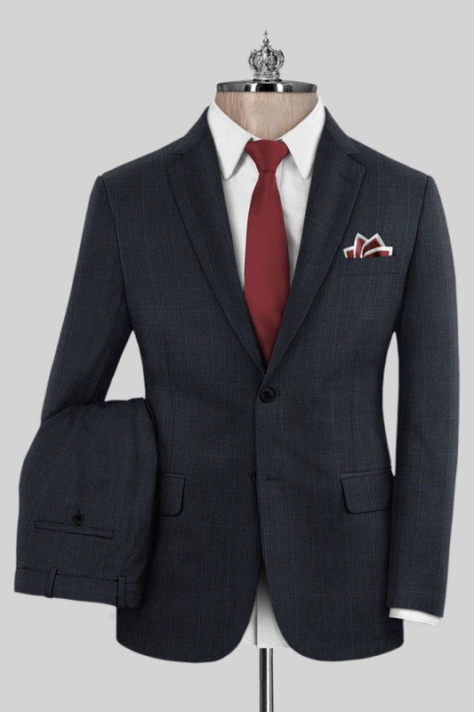 Close Fitting Dark Gray Plaid Notched Lapel Business Suits