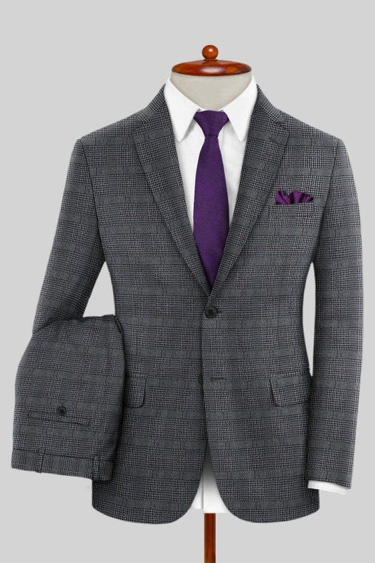 Slim Fit Gray Plaid Notched Lapel Chic Business Suits