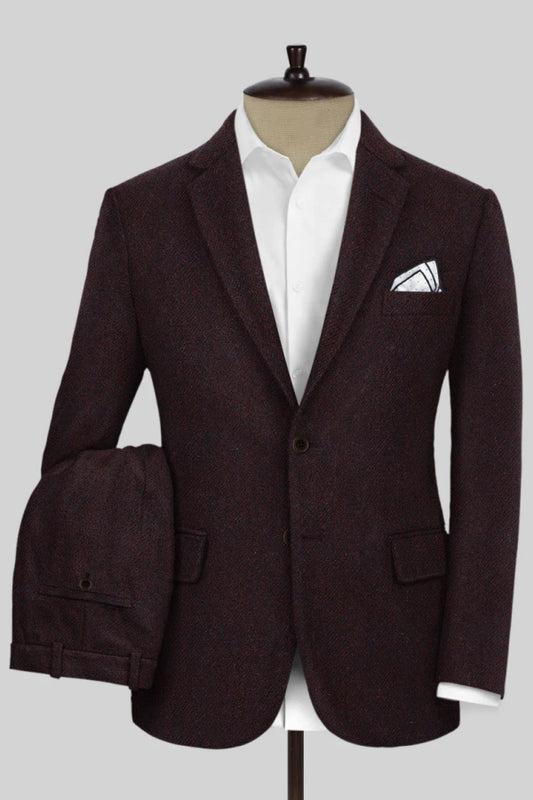 Modern Dark Burgundy Notched Lapel Wool Prom Men Suits
