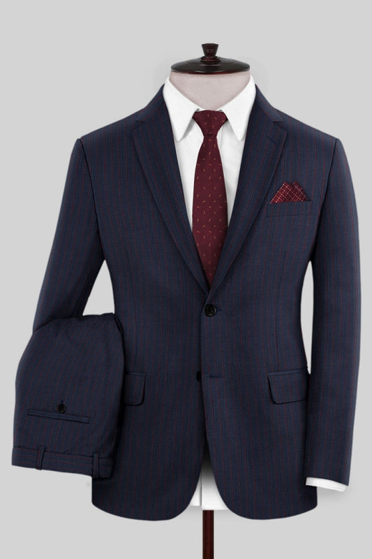 Popular Dark Blue Striped Notched Lapel Business Men Suits