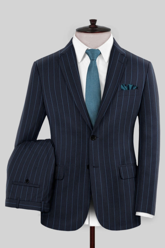 Fashion Navy Blue Striped Notched Lapel Business Men Suits