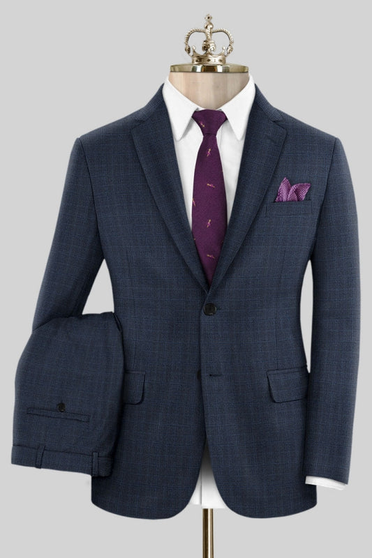 Fancy Navy Blue Plaid Notched Lapel Business Men Suits