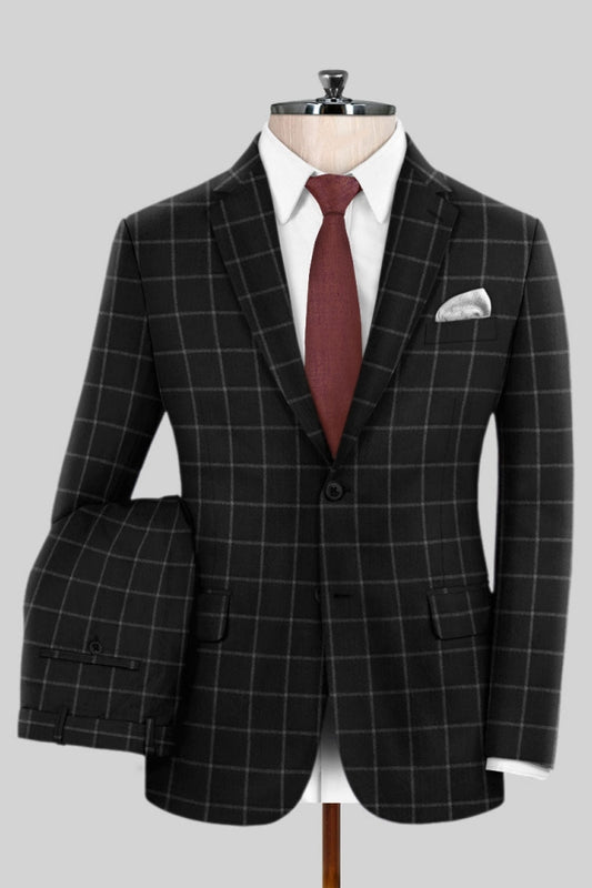 Classical Black Plaid Notched Lapel Business Men Suits