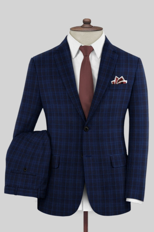 Popular Dark Blue Plaid Chic Business Men Suits