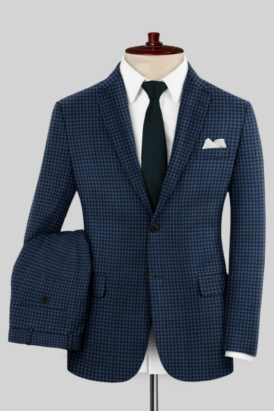 Close Fitting Dark Blue Plaid Notched Lapel Business Suits
