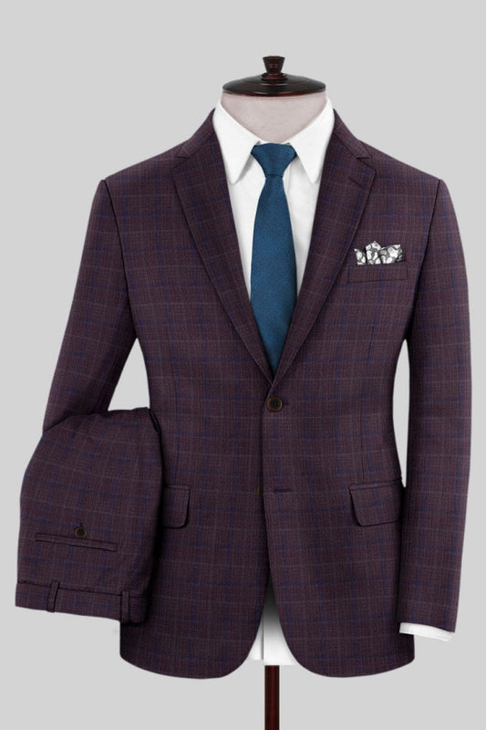Glamorous Burgundy Plaid Notched Lapel Business Suits