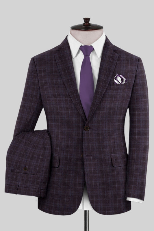 Fancy Purple Plaid Notched Lapel Wool Business Suits