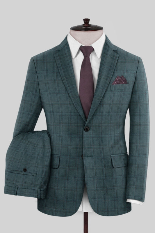 Teal Plaid Slim Fit Fancy Notched Lapel Wool Business Suits